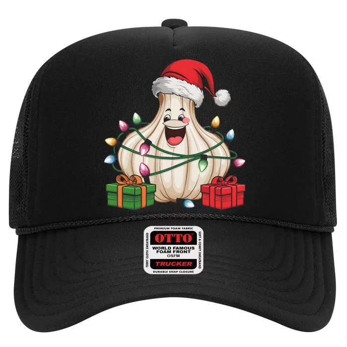 Funny Garlic Xmas Lighting Santa Hat Garlic Christmas High Crown Mesh Trucker Hat