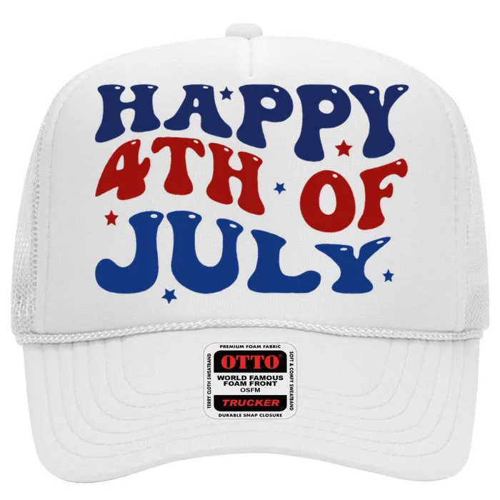 Fireworks Happy 4th Of July US Flag American 4th Of July High Crown Mesh Trucker Hat