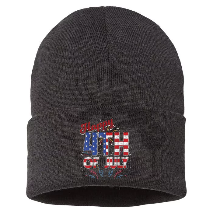 Fireworks Happy 4th Of July US Flag American 4th Of July Sustainable Knit Beanie