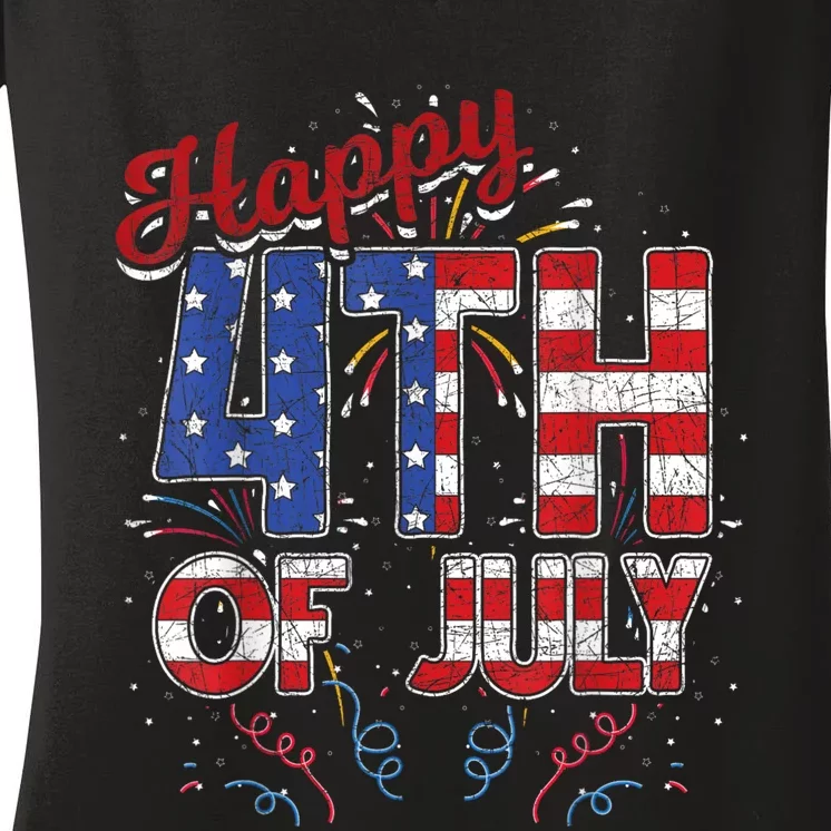 Fireworks Happy 4th Of July US Flag American 4th Of July Women's V-Neck T-Shirt