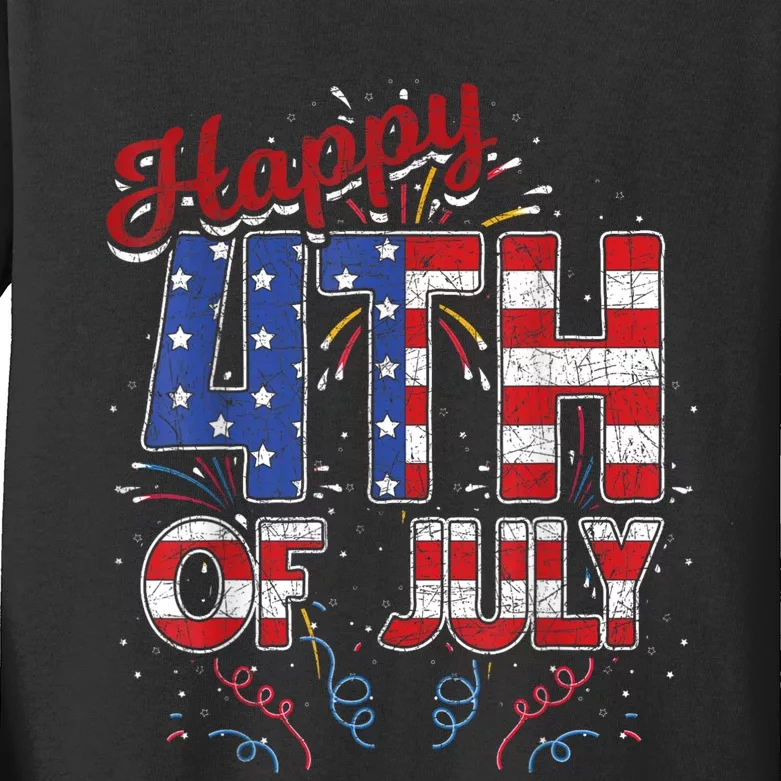 Fireworks Happy 4th Of July US Flag American 4th Of July Kids Long Sleeve Shirt