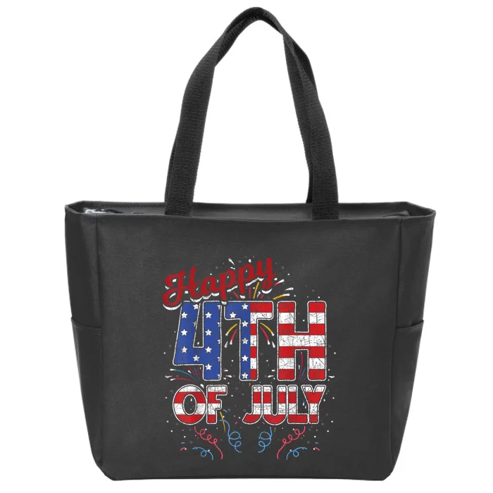 Fireworks Happy 4th Of July US Flag American 4th Of July Zip Tote Bag