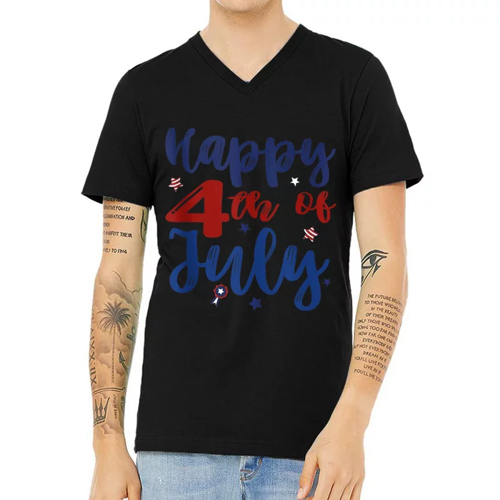 Fireworks Happy 4th Of July US Flag American 4th Of July V-Neck T-Shirt