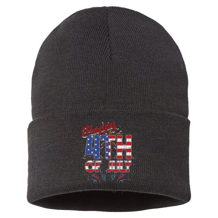 Fireworks Happy 4th Of July Us Flag American 4th Of July Sustainable Knit Beanie