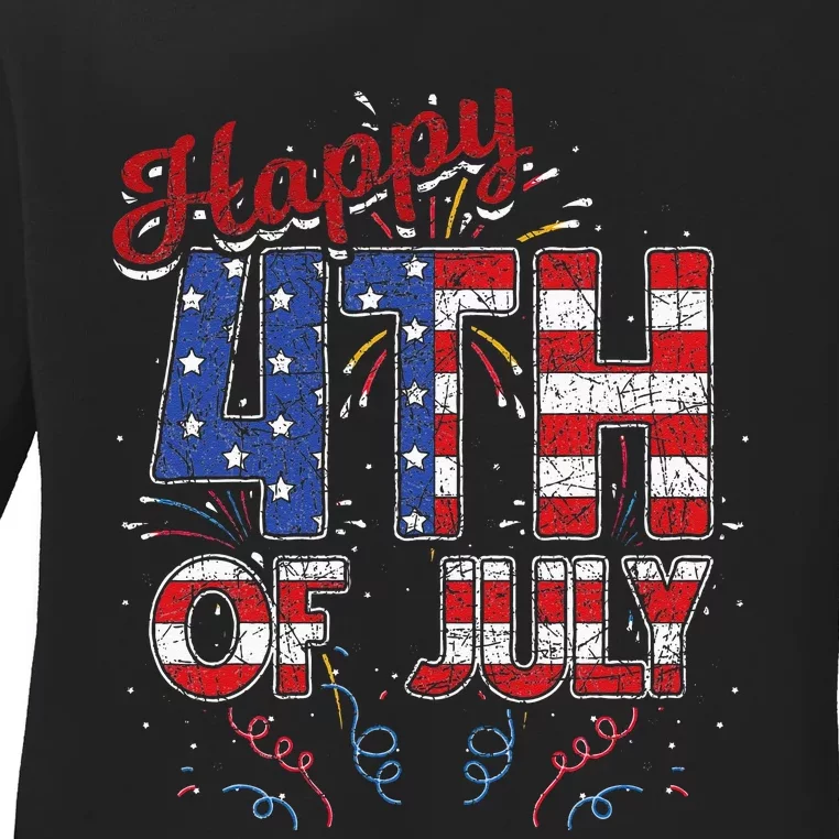 Fireworks Happy 4th Of July US Flag American 4th Of July Ladies Long Sleeve Shirt