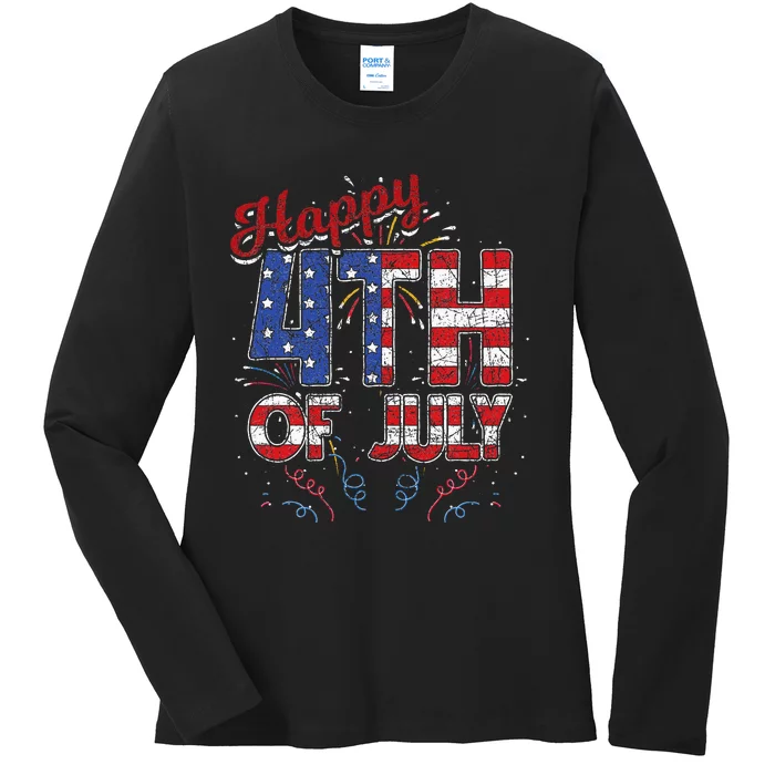 Fireworks Happy 4th Of July US Flag American 4th Of July Ladies Long Sleeve Shirt