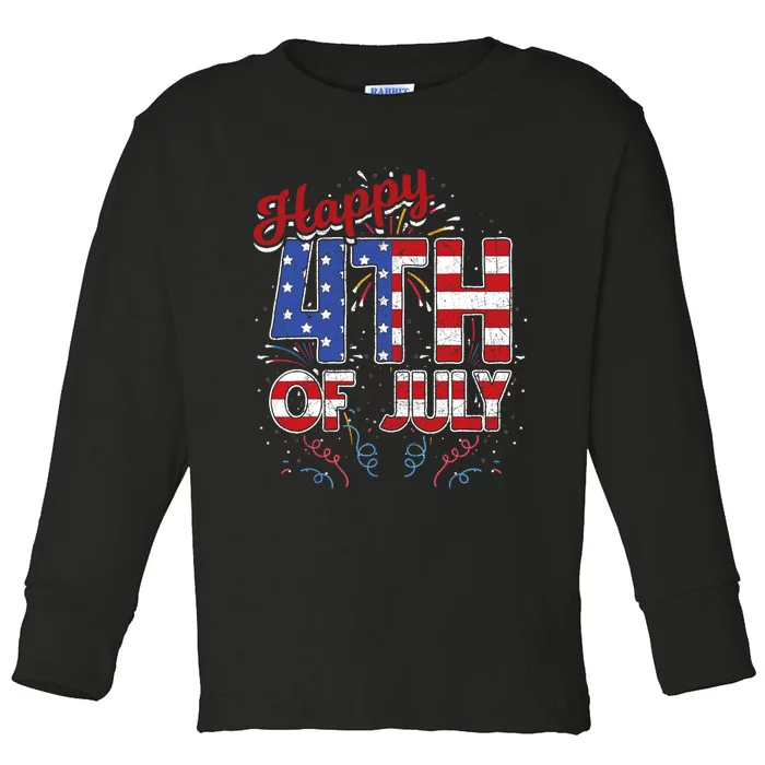 Fireworks Happy 4th Of July US Flag American 4th Of July Toddler Long Sleeve Shirt