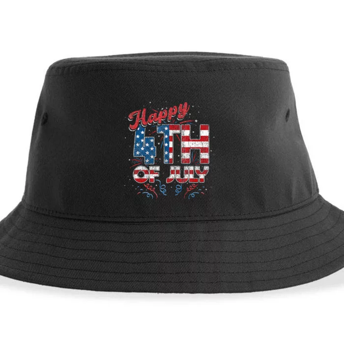 Fireworks Happy 4th Of July US Flag American 4th Of July (1) Sustainable Bucket Hat