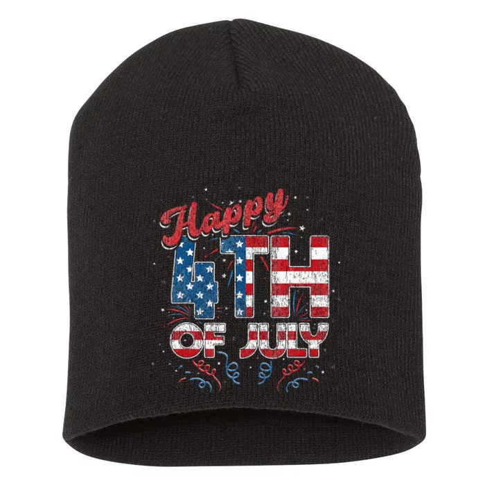 Fireworks Happy 4th Of July US Flag American 4th Of July (1) Short Acrylic Beanie