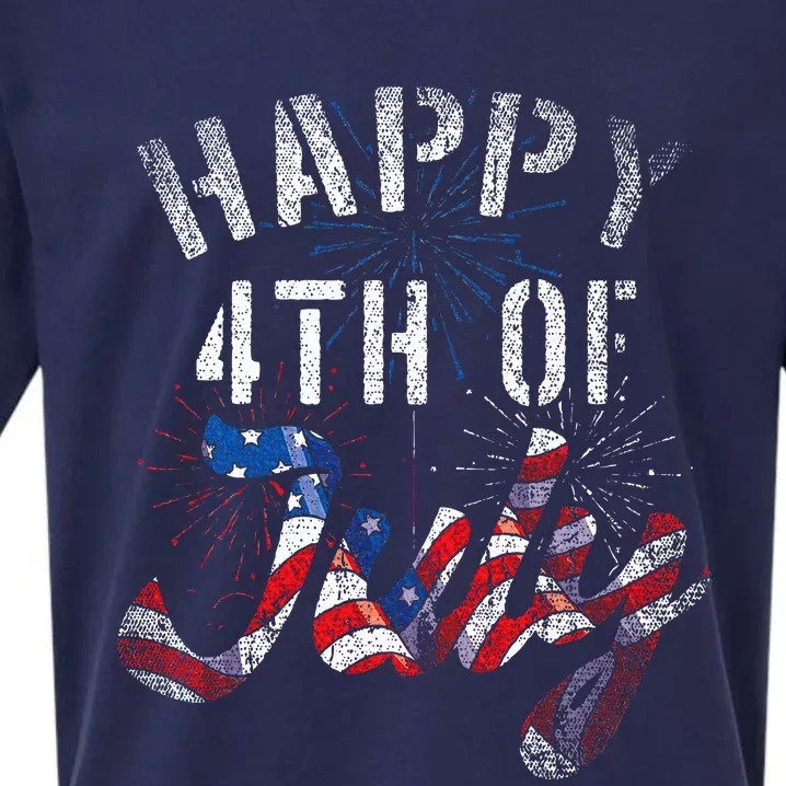 Fireworks Happy 4th Of July Us Flag American 4th Of July Sueded Cloud Jersey T-Shirt