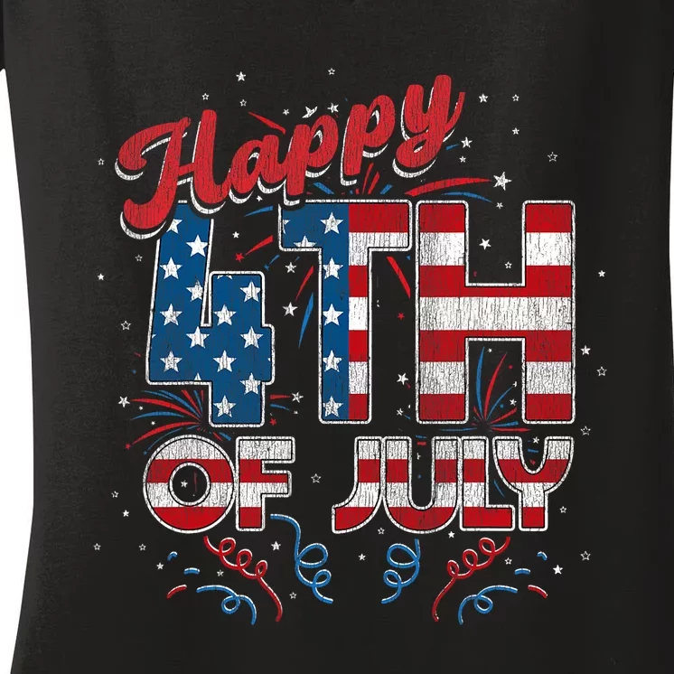 Fireworks Happy 4th Of July US Flag American 4th Of July America Pride Women's V-Neck T-Shirt