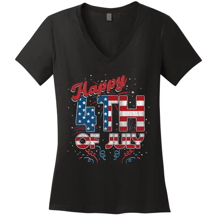 Fireworks Happy 4th Of July US Flag American 4th Of July America Pride Women's V-Neck T-Shirt