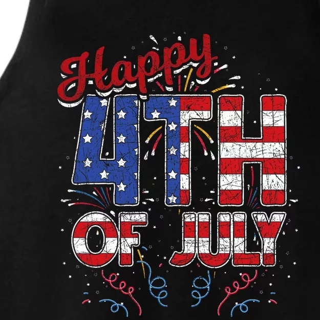 Fireworks Happy 4th Of July Us Flag American 4th Of July Ladies Tri-Blend Wicking Tank