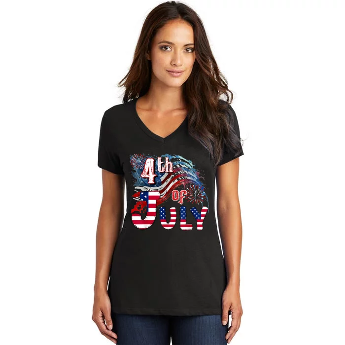 Fireworks Happy 4th Of July US Flag American 4th Of July Women's V-Neck T-Shirt