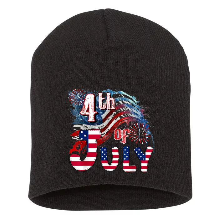 Fireworks Happy 4th Of July US Flag American 4th Of July Short Acrylic Beanie