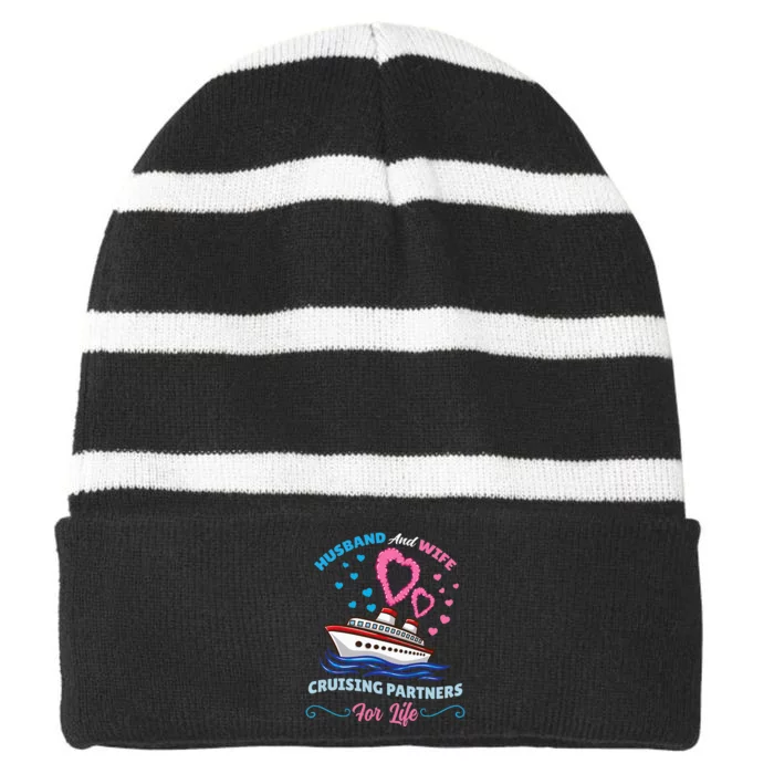 funny Husband And Wife Cruising Partners for Life Striped Beanie with Solid Band