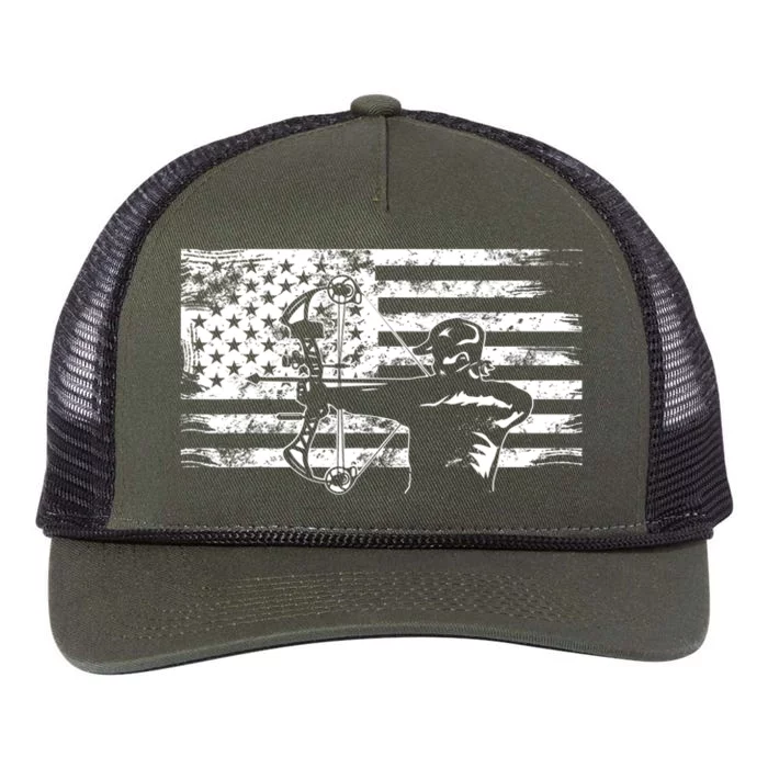 Funny Hunting Archer American Flag Gift Bowhunting Gift For Hunters Men Retro Rope Trucker Hat Cap