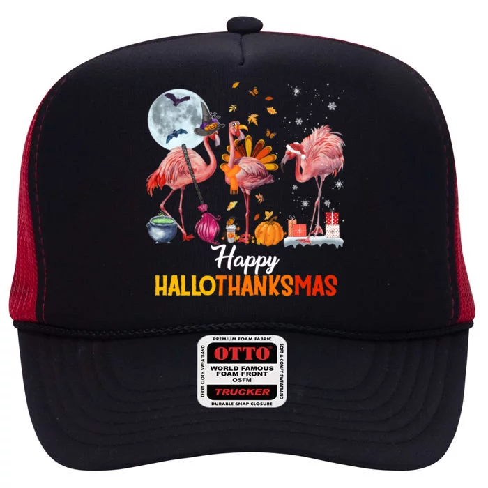 Flamingo Halloween And Merry Christmas Happy Hallothanksmas High Crown Mesh Trucker Hat