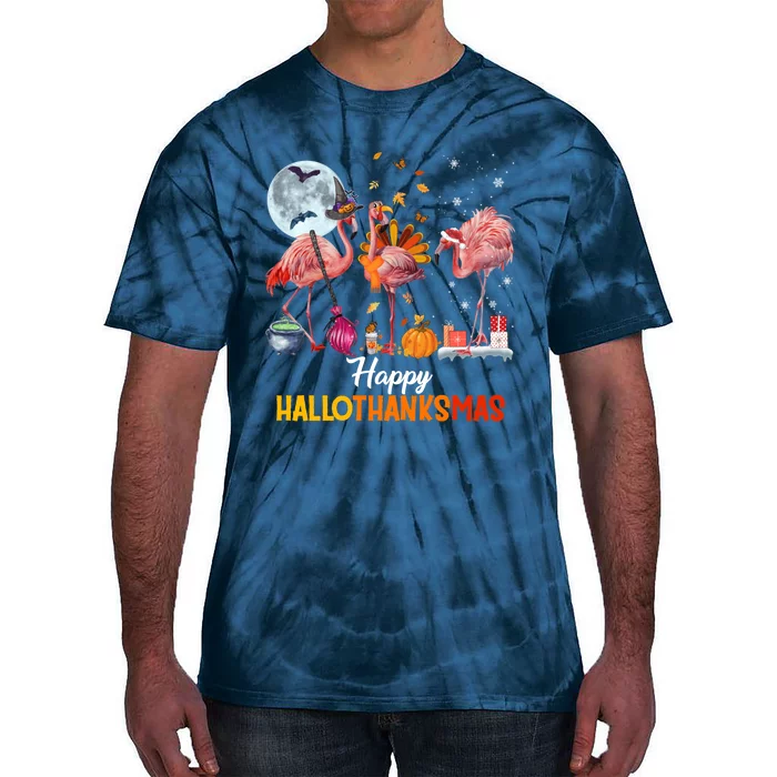 Flamingo Halloween And Merry Christmas Happy Hallothanksmas Tie-Dye T-Shirt