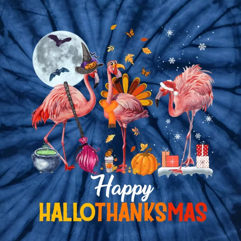 Flamingo Halloween And Merry Christmas Happy Hallothanksmas Tie-Dye T-Shirt