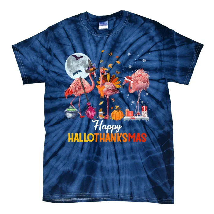 Flamingo Halloween And Merry Christmas Happy Hallothanksmas Tie-Dye T-Shirt