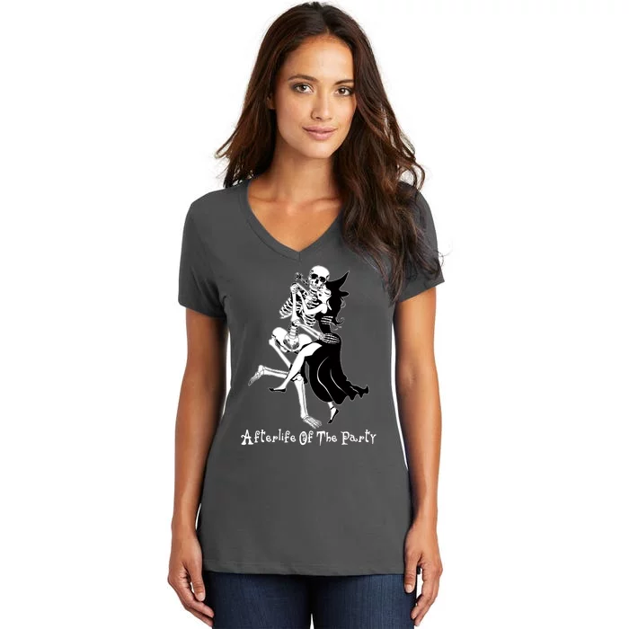 Funny Halloween Afterlife Of The Party Skeleton And Witch Women's V-Neck T-Shirt