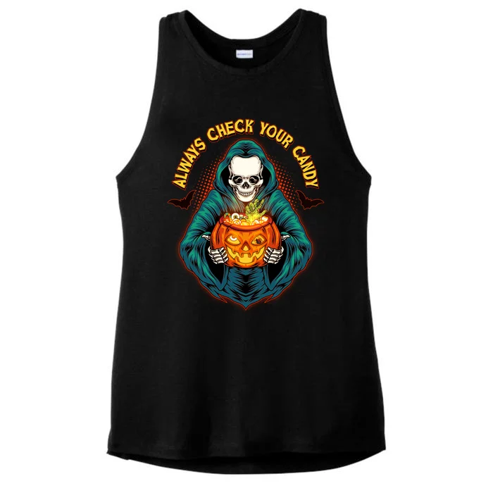 Funny Halloween Always Check Your Candy Skeleton Ladies Tri-Blend Wicking Tank