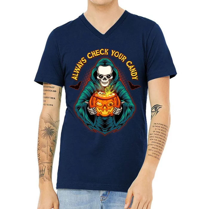 Funny Halloween Always Check Your Candy Skeleton V-Neck T-Shirt