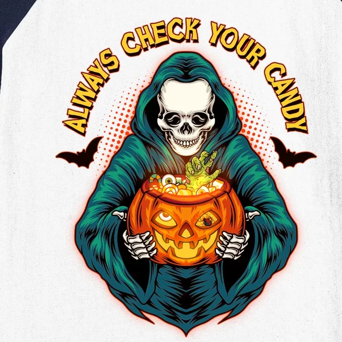 Funny Halloween Always Check Your Candy Skeleton Baseball Sleeve Shirt