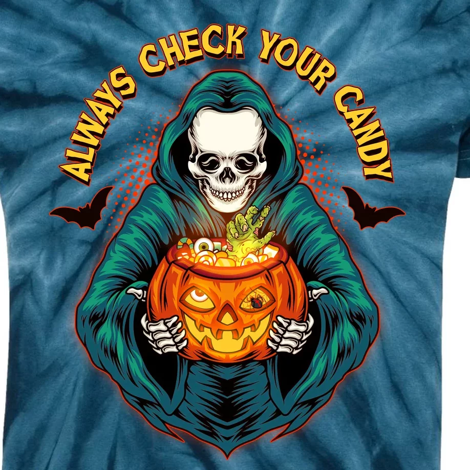 Funny Halloween Always Check Your Candy Skeleton Kids Tie-Dye T-Shirt