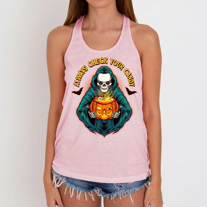 Funny Halloween Always Check Your Candy Skeleton Women's Knotted Racerback Tank