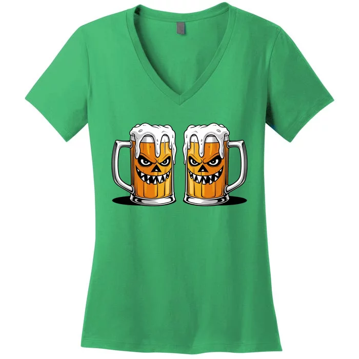 Funny Halloween Beer Lover Scary Pumpkin Face Design Women's V-Neck T-Shirt