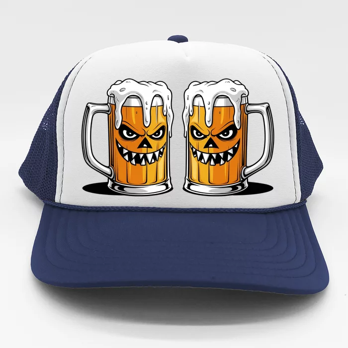 Funny Halloween Beer Lover Scary Pumpkin Face Design Trucker Hat