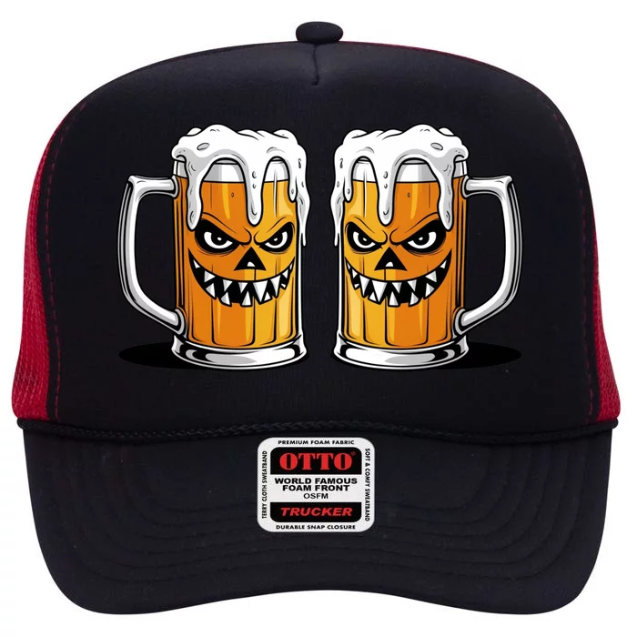 Funny Halloween Beer Lover Scary Pumpkin Face Design High Crown Mesh Trucker Hat