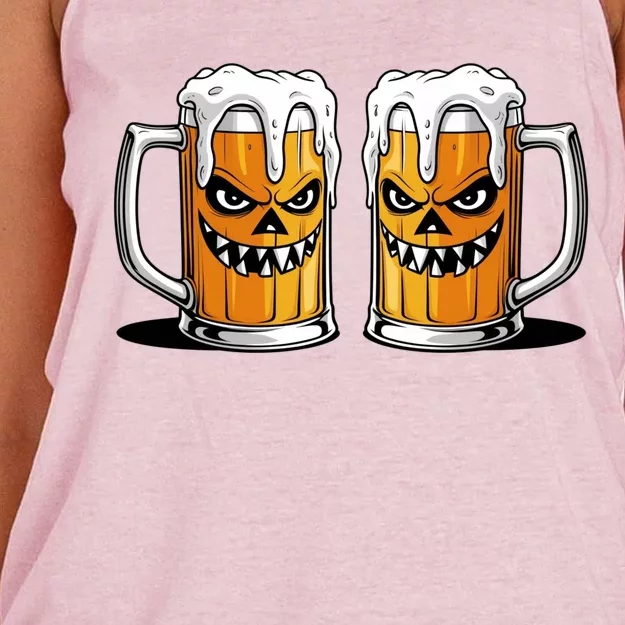 Funny Halloween Beer Lover Scary Pumpkin Face Design Women's Knotted Racerback Tank