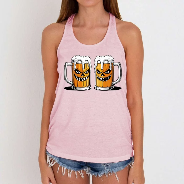 Funny Halloween Beer Lover Scary Pumpkin Face Design Women's Knotted Racerback Tank