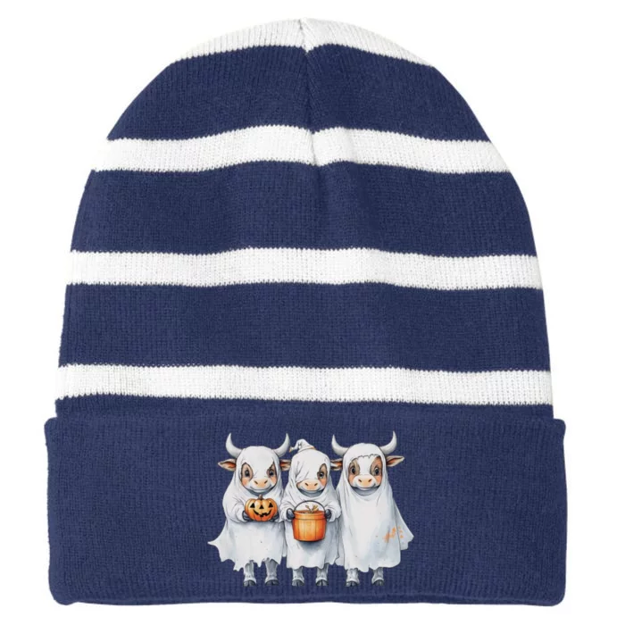 Funny Halloween Boo Moo Ghoul Ghost Cow Matching Team Striped Beanie with Solid Band