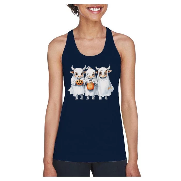 Funny Halloween Boo Moo Ghoul Ghost Cow Matching Team Women's Racerback Tank