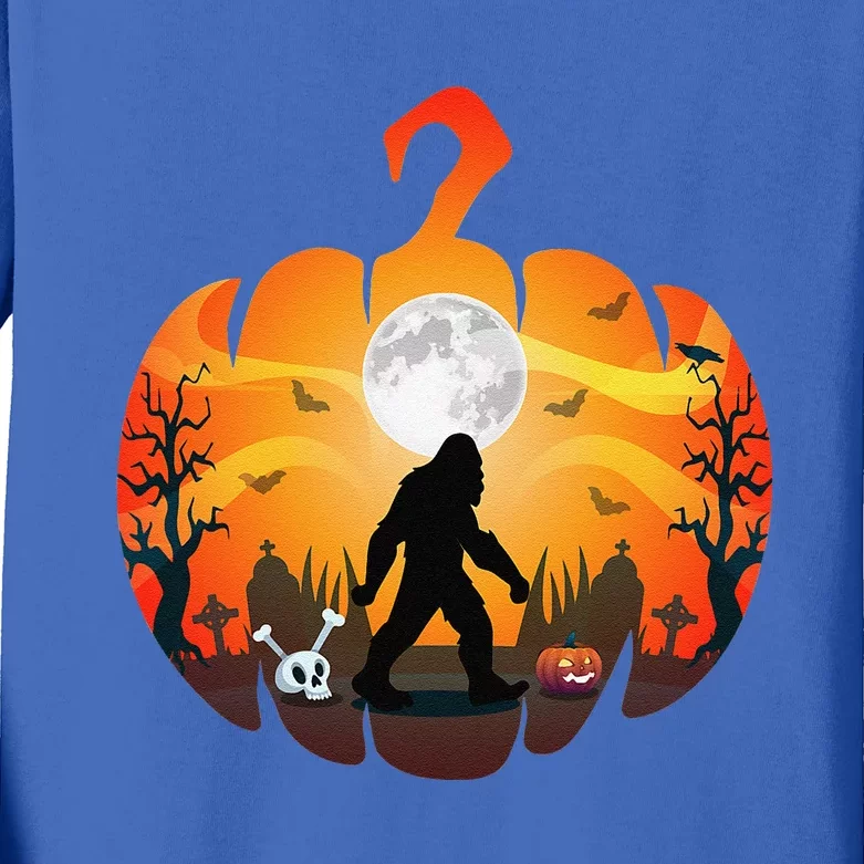 Funny Halloween Bigfoot Costume Sasquatch Silhouette Pumpkin Kids Long Sleeve Shirt