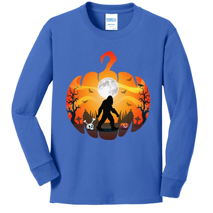 Funny Halloween Bigfoot Costume Sasquatch Silhouette Pumpkin Kids Long Sleeve Shirt