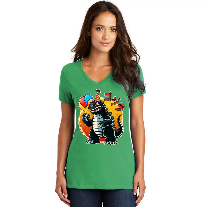 Funny Happy Birthday Japanese Kaiju Monster Women's V-Neck T-Shirt