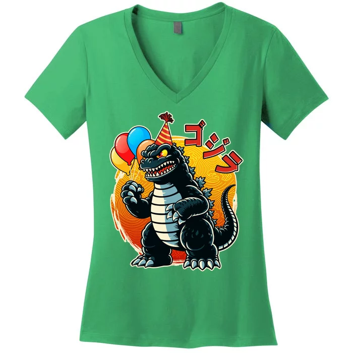 Funny Happy Birthday Japanese Kaiju Monster Women's V-Neck T-Shirt