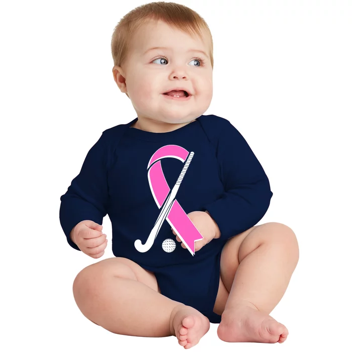 Field Hockey Breast Cancer Awareness Ribbon Baby Long Sleeve Bodysuit