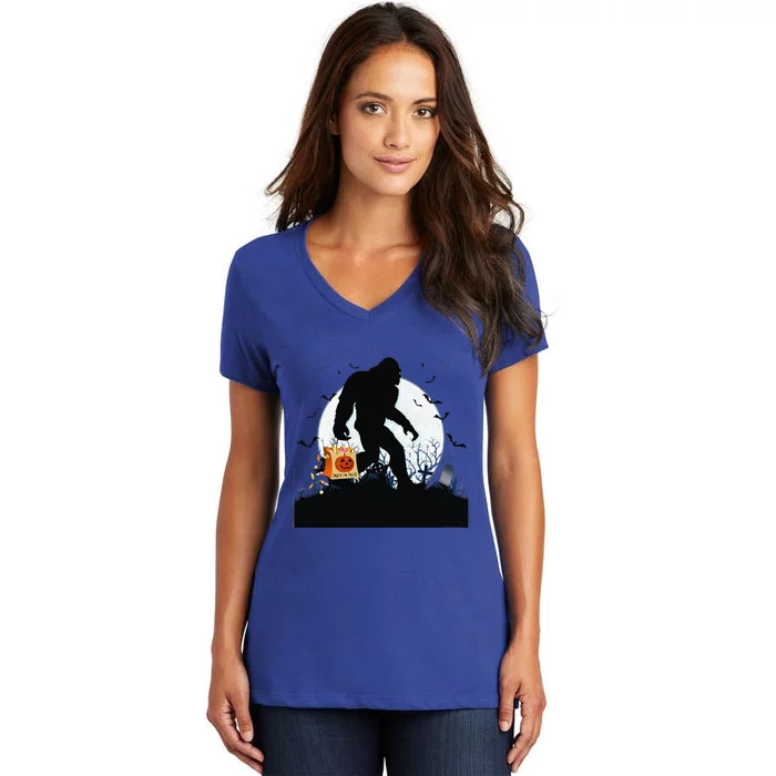 Funny Halloween Bigfoot Trick Or Treating Full Moon Bigfoot Gift Women's V-Neck T-Shirt