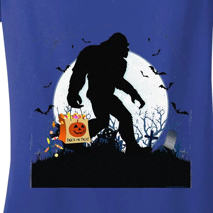 Funny Halloween Bigfoot Trick Or Treating Full Moon Bigfoot Gift Women's V-Neck T-Shirt