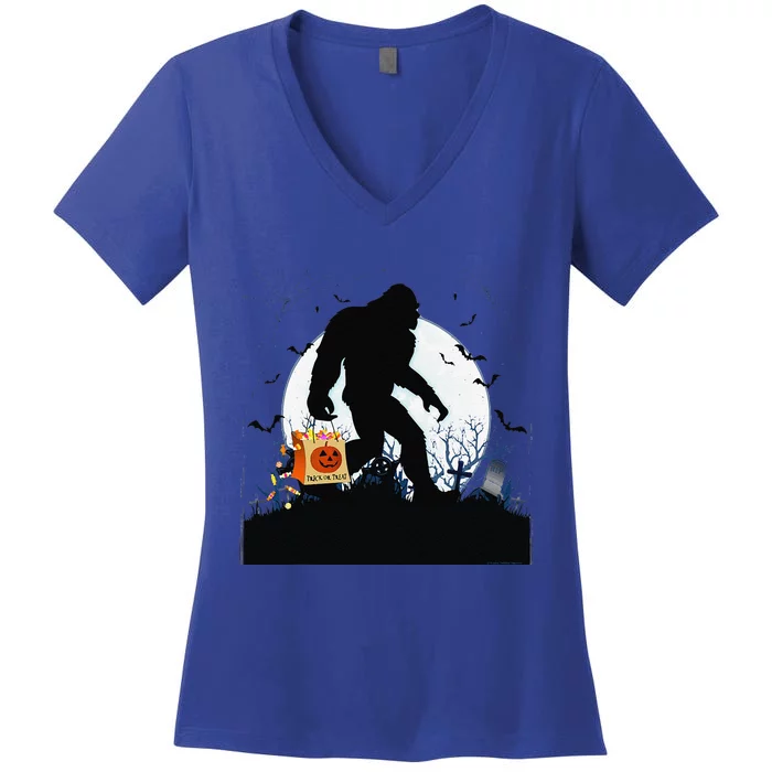 Funny Halloween Bigfoot Trick Or Treating Full Moon Bigfoot Gift Women's V-Neck T-Shirt