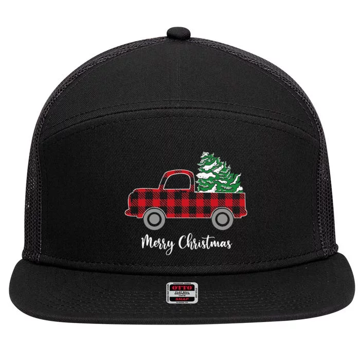 Festive Holiday Buffalo Plaid Truck with Christmas Trees 7 Panel Mesh Trucker Snapback Hat