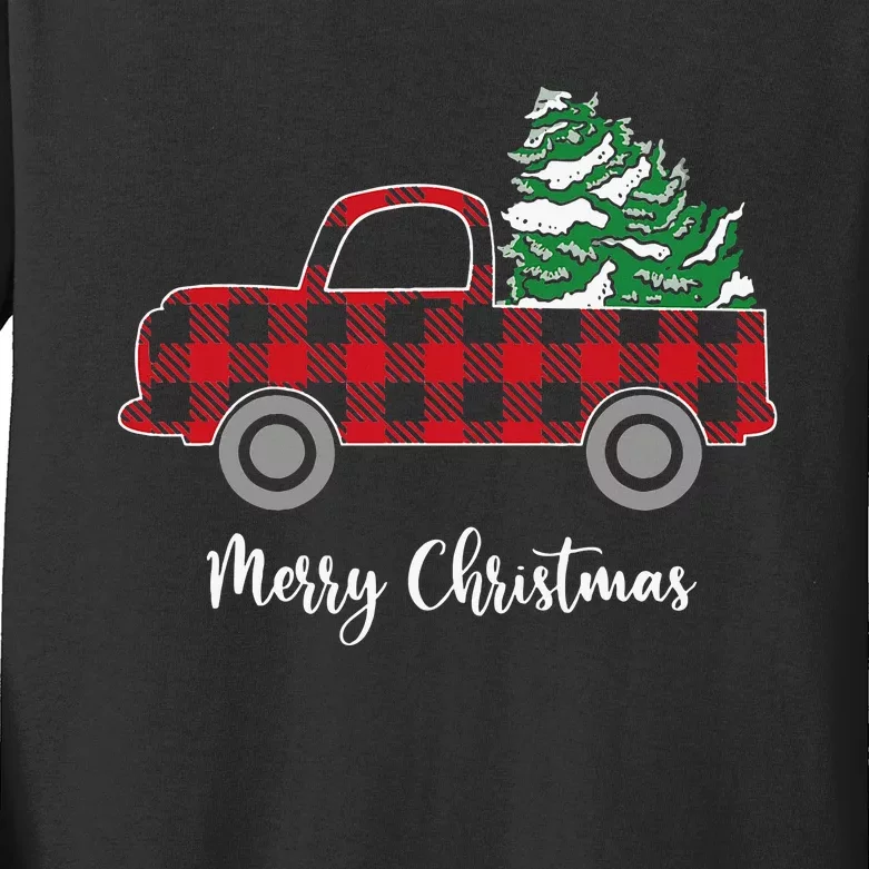 Festive Holiday Buffalo Plaid Truck with Christmas Trees Kids Long Sleeve Shirt