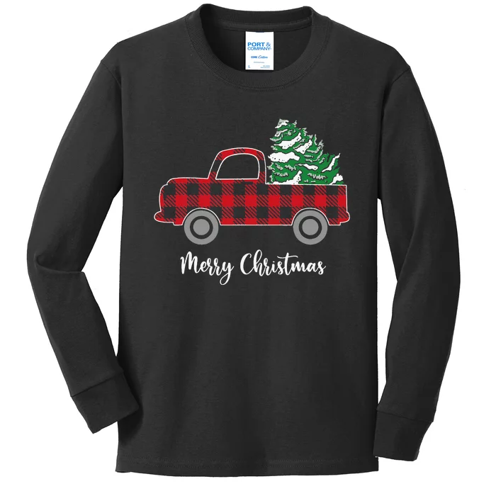 Festive Holiday Buffalo Plaid Truck with Christmas Trees Kids Long Sleeve Shirt