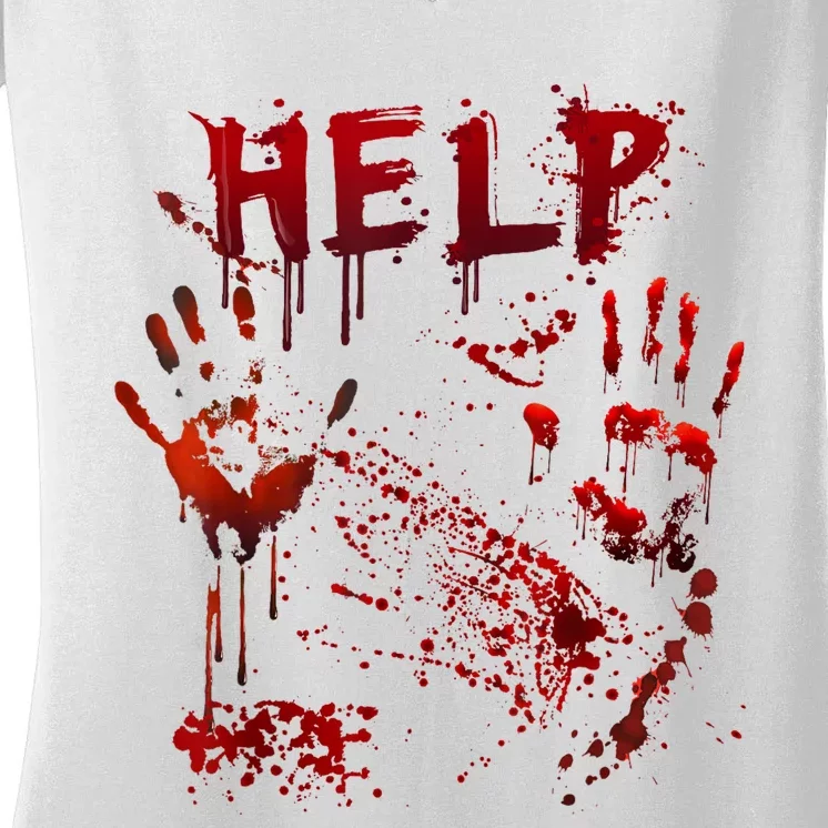 Funny Help Bloody Handprint Halloween Costume Matching Women's V-Neck T-Shirt